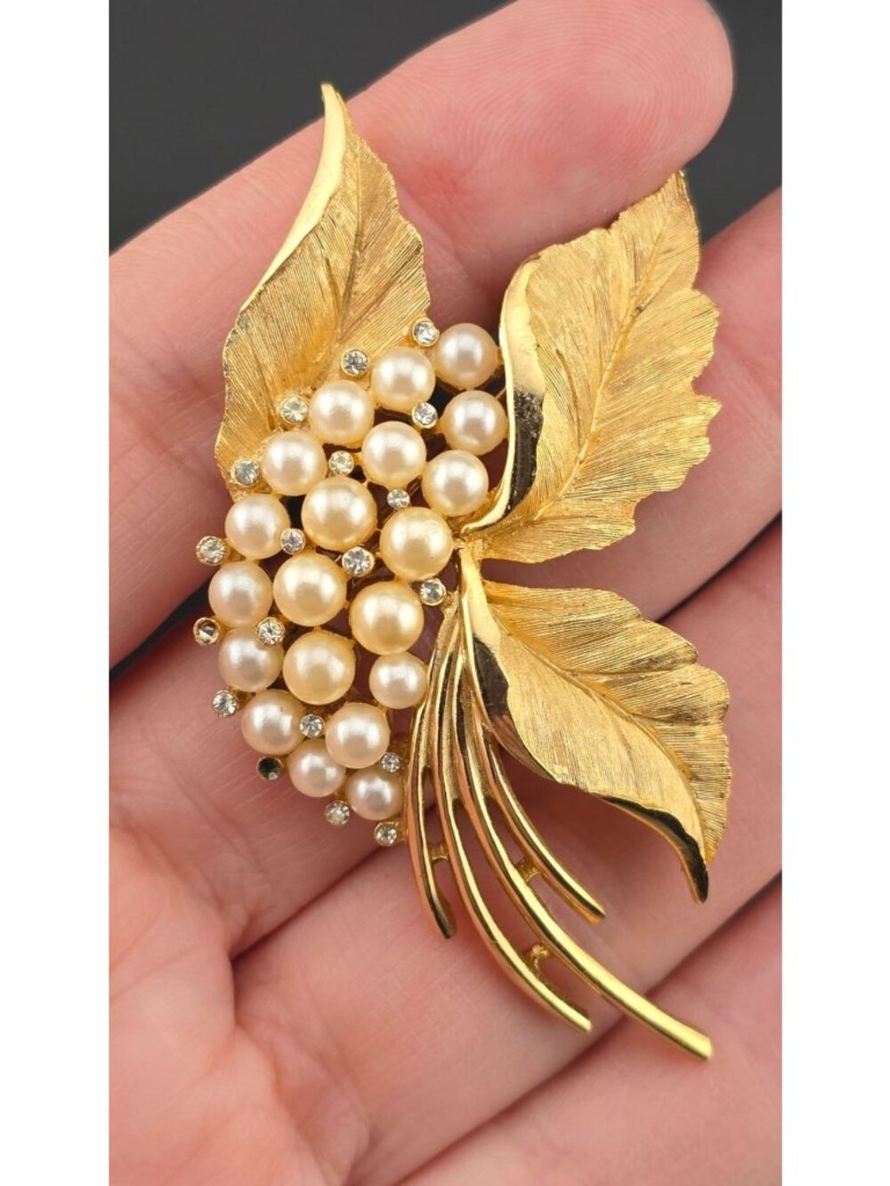 Crown Trifari Grape Leaf Brooch Gold Tone  With Faux Pearls Rhinestones READ